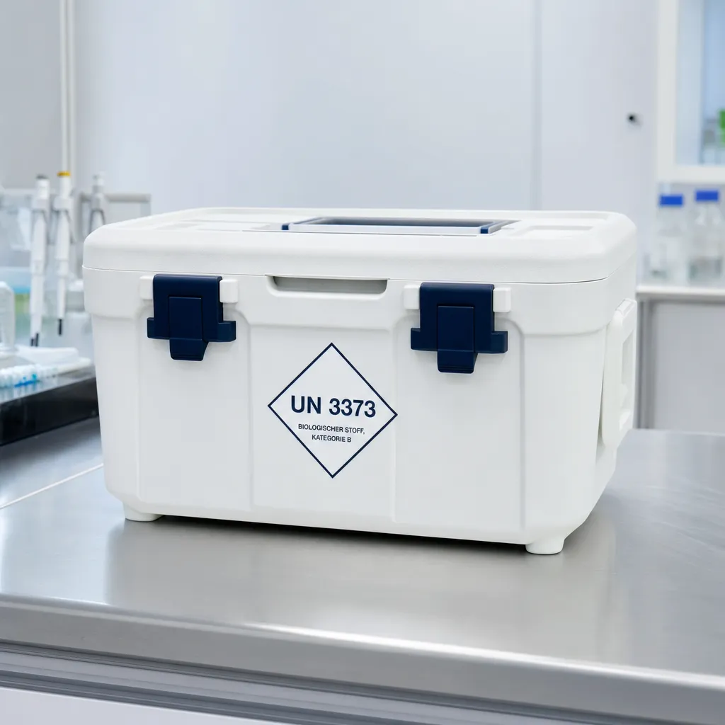 Weiße Transportbox mit UN-3373-Kennzeichnung auf einer Edelstahlfläche