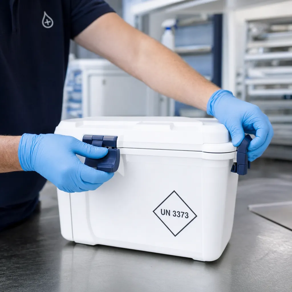 Hände in Handschuhen versiegeln eine temperaturgeführte Transportbox mit UN-3373-Kennzeichnung