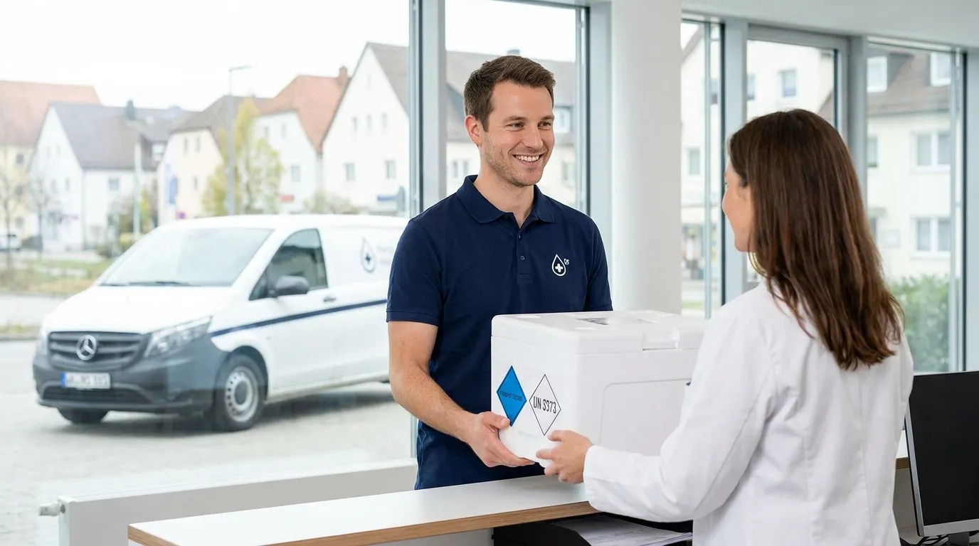 Laborkurier übergibt eine UN-3373-Transportbox an eine Ärztin in einer hellen Praxis