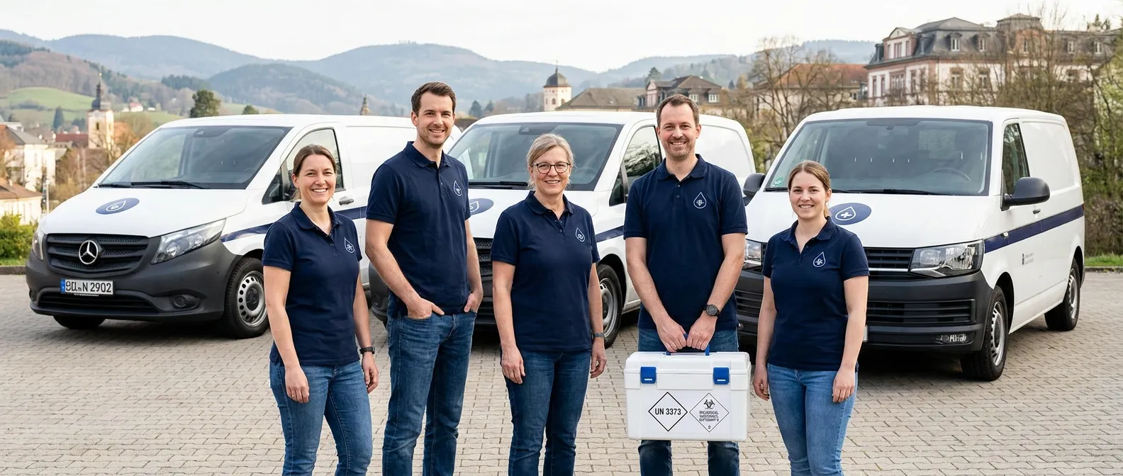 Das Laborkurier-Team vor den weißen Firmen-Transportern