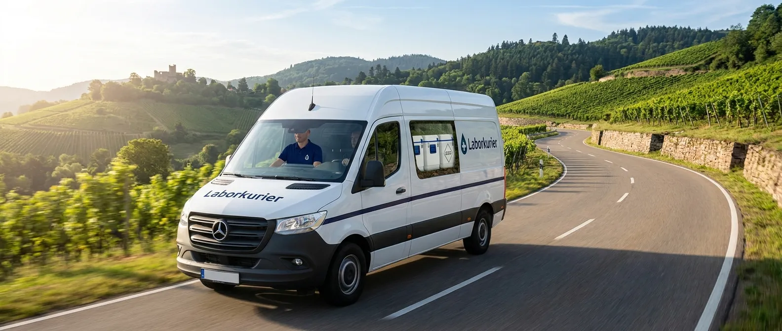 Laborkurier-Transporter unterwegs zwischen Weinbergen und Schwarzwald bei Baden-Baden