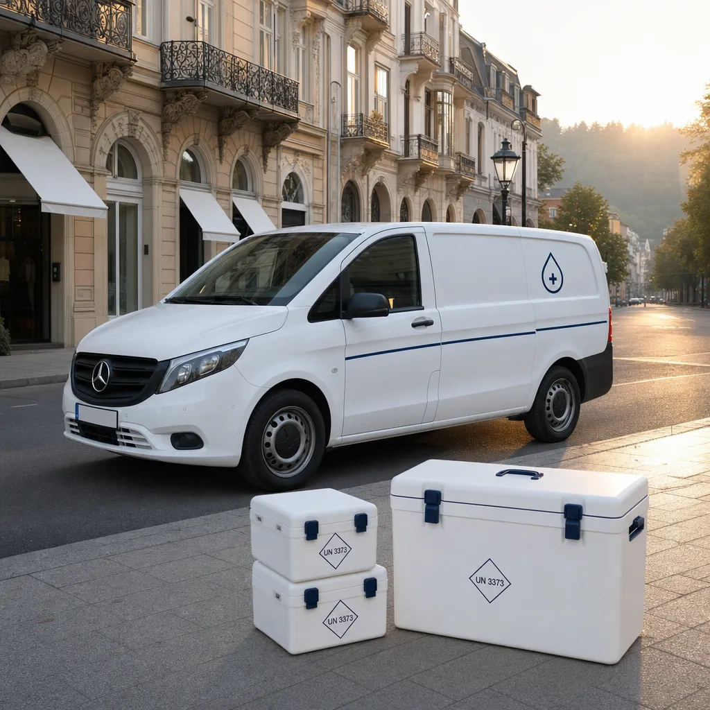 Weißer Laborkurier-Transporter in einer ruhigen Straße in Baden-Baden am frühen Morgen